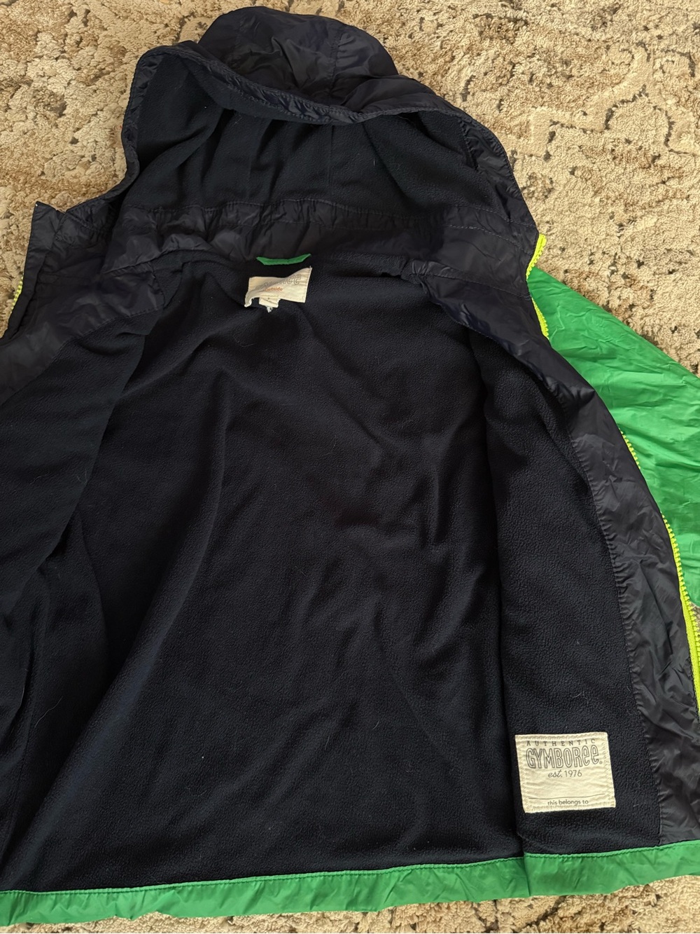 Gymboree Green & Navy Hooded Rain / Wind coat with Lime Zipper - Picture 6 of 6